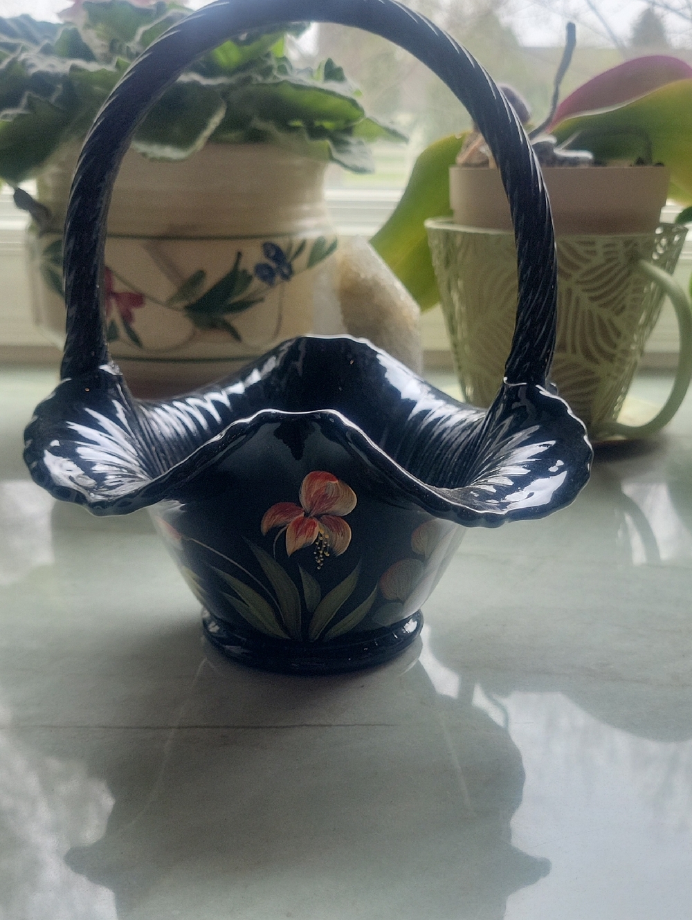 Fenton Hand-Painted Black Floral Basket